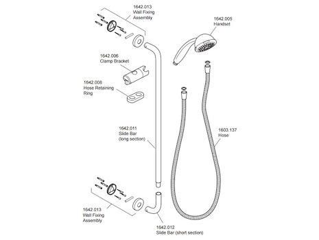 Rada heavy duty EV shower fittings - chrome (2.1642.002) spares breakdown diagram