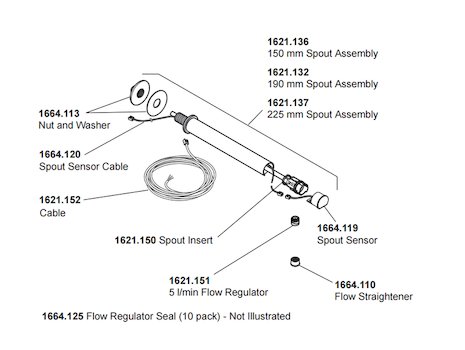 Rada Outlook panel mounted IR spout - 190mm (1.1621.132) spares breakdown diagram