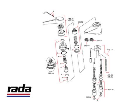 Rada Thermotap-3 Long Lever - Chrome (1.1555.011) spares breakdown diagram