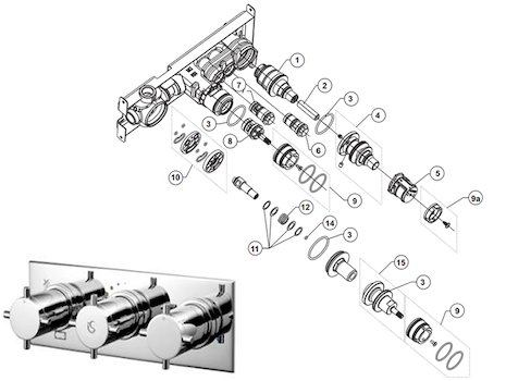 Trevi Oposta Thermostatic Shower Built In 3 control shower (A5602AA) spares breakdown diagram