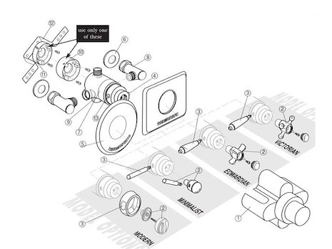 Ultra 3/4" Dual control shower valve (Ultra thermostatic) spares breakdown diagram