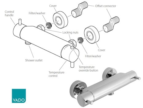 Vado Celcius bar shower mixer - chrome (CEL-149-1/2-CP) spares breakdown diagram