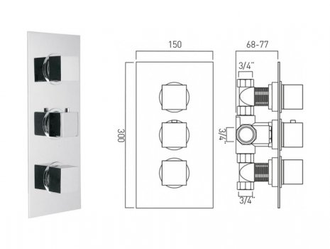 Vado Mix 3-handle concealed thermostatic mixer shower - chrome (MIX-128C-3/4-C/P) spares breakdown diagram